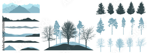 Design elements of winter forest trees. Constructor of landscape. Silhouettes of beautiful spruces, pines, bare trees, hill. Creation of beautiful forest or park. Vector illustration