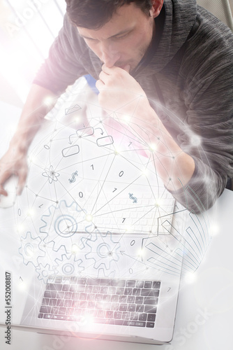 Digital communication network concept. Men is programming. Digital transformation.