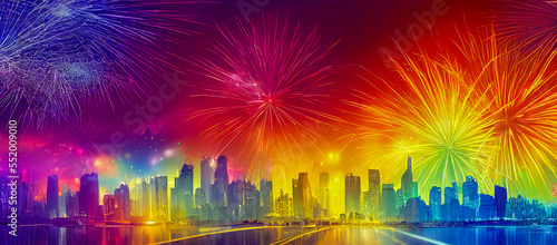 panorama greating card fireworks in the city   Generative AI Art Illustration
