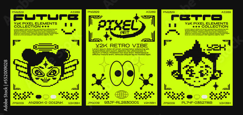 Pixel art poster, y2k trendy elements. Acid set of abstract geometric design elements with retro girl, stars and futuristic items. for posters, print, stickers