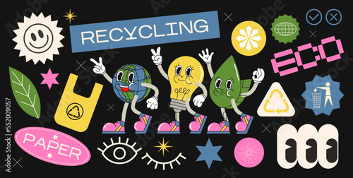 Collection of various eco patches recycling, labels, tags, stickers, stamps. Funky hipster stickers in 90s style. Vector set, trendy promo labels