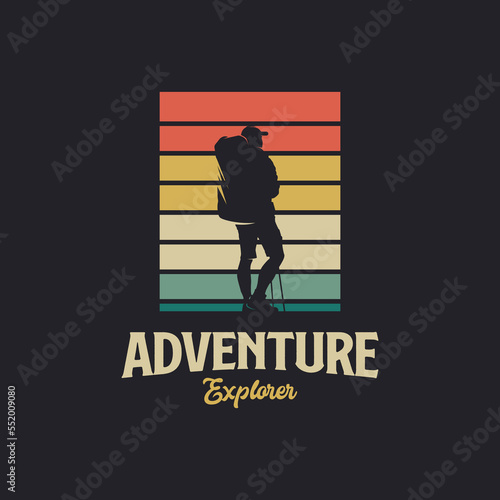 adventure hiking logo vector vintage with sunset illustration design