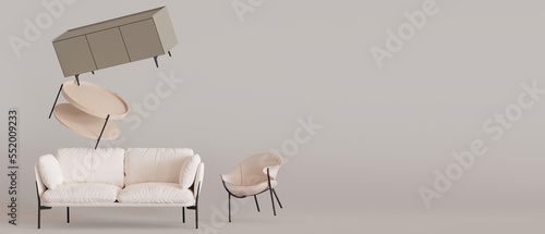 Banner with modern furniture and copy space for text, advertisement. Furniture store, interior details. Furnishings sale, interior project. Template with empty space. Minimalist design. 3d render.