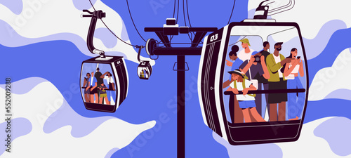 People in cable cars of cableway. Happy tourists inside cabins of aerial rope way. Travel by suspended cablecars of ropeway transport, looking down from sky, height. Flat vector illustration