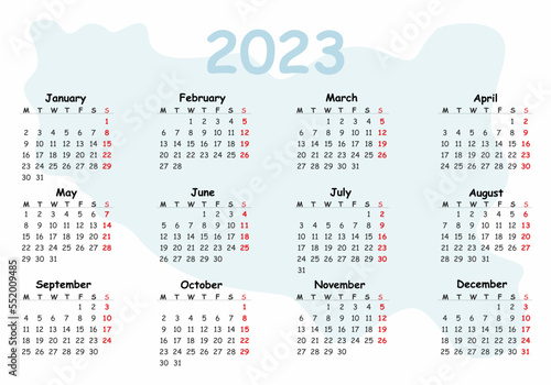Calendar 2023 week start Monday design template vector. 