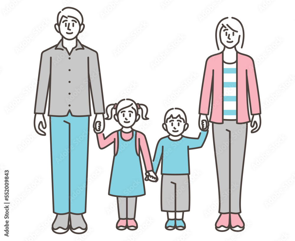 Vector illustration of a family of four holding hands with smiling faces (man, woman, child). Vector illustration of a family of four holding hands with smiling faces (man, woman, child).