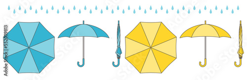 Umbrellas seen from above and from the side. Open and closed umbrellas [Vector illustration].