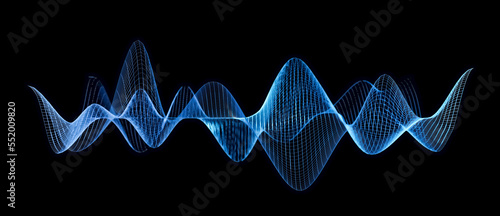 Blue wireframe sound waves, visualization of frequency signals audio wavelengths, conceptual futuristic technology waveform on black background with copy space for text