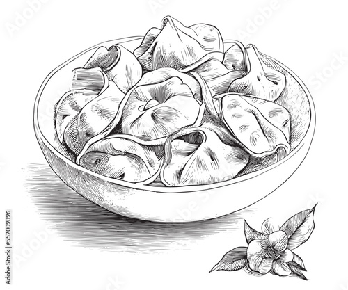 Khinkali on a plate hand drawn sketch Asian food Restaurant business concept.