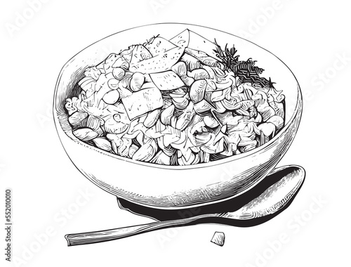 Rice with meat in a plate hand drawn sketch Asian food Restaurant business concept.