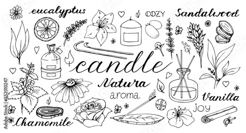 Decorative wax candles for relax and spa. Hand drawn doodle illustration. Line art vector set. Natural plants aroma