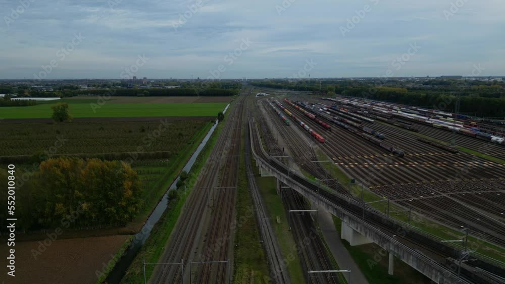 Panoramic View Of Train Tracks At Kijfhoek Hump Yard Between Rotterdam and Dordrecht In Western Netherlands. Aerial Shot Panoramic View Of Train Tracks At Kijfhoek Hump Yard Between Rotterdam and Dordrecht In Western Netherlands. Aerial Shot
