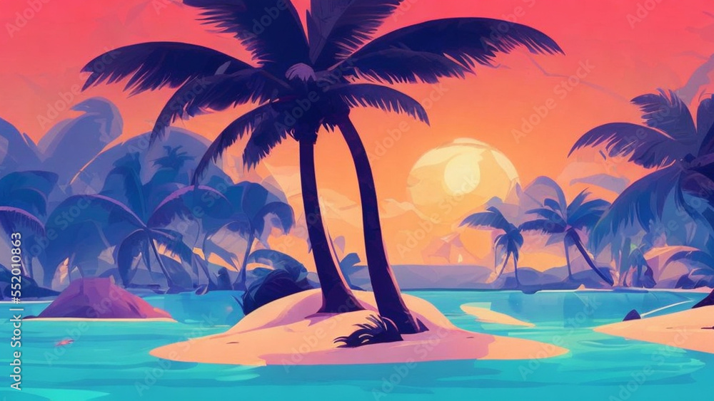 illustration style, Lush, tropical island paradise with crystal-clear waters and palm trees