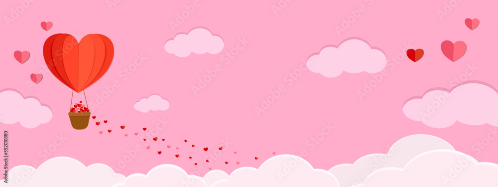 Happy Valentine papercut style banner vector illustration. Red hot air balloons carrying many cute hearts flying on sweet pink cloudy sky, love greeting card background with blank space copy for text