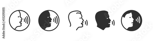 Speak voice control recognition command icon pictogram vector black white, man person talk face silhouette shape logo simple graphic, listen audio dictate symbol ui design thin line art clipart image