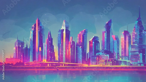 illustration style, Vibrant city skyline with gleaming skyscrapers and colorful lights