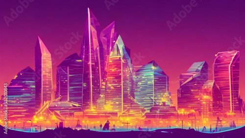 illustration style  Vibrant city skyline with gleaming skyscrapers and colorful lights