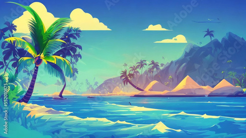 illustration style  Lush  tropical island paradise with crystal-clear waters and palm trees