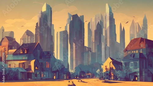 illustration style, Elegant, vintage cityscape with towering buildings and cobblestone streets