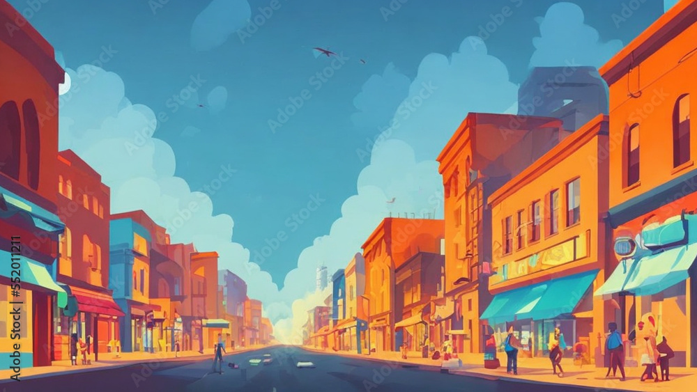 Obraz premium illustration style, Vibrant, bustling city street with shops, cafes, and people