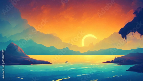 illustration style, Glowing, warm sunset over a serene ocean view