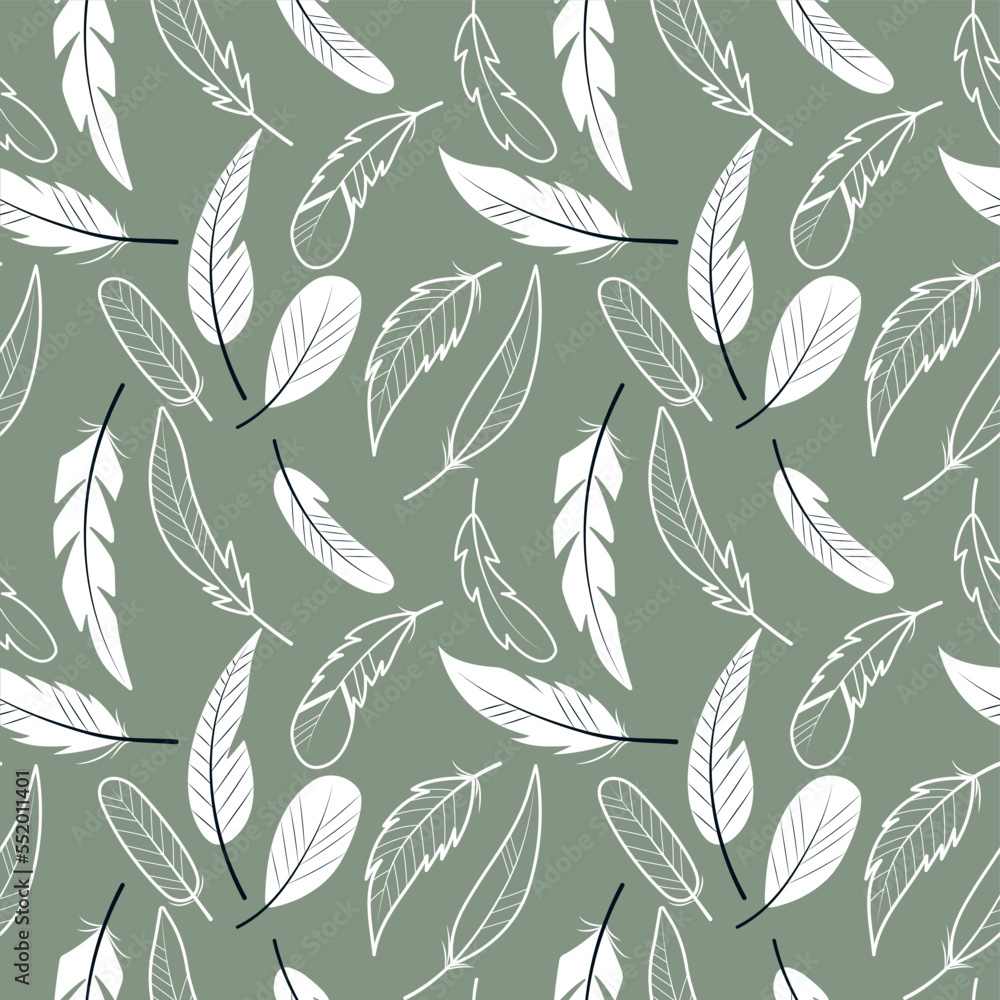 Vector pattern with white feathers on a gray-green background
