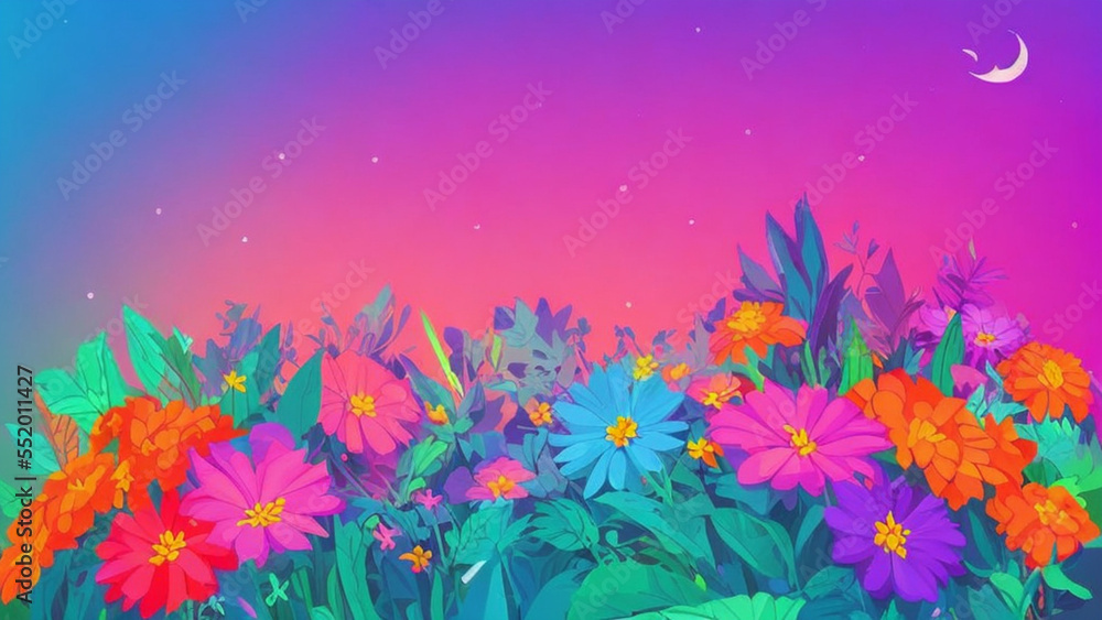  illustration style, Vibrant, colorful flower garden with a variety of blooming flowers