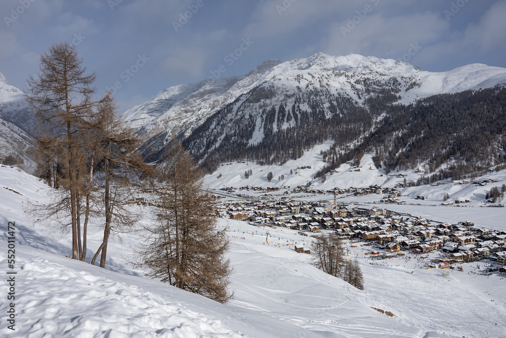 Panorama Town of Livigno in winter. Livigno landscapes in Lombardy, Italy, located in the Italian Alps, near the Swiss border.