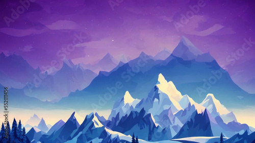 illustration style, Majestic, snow-capped mountain range with a tranquil sky