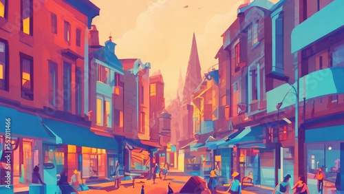 illustration style, Vibrant, bustling city street with shops, restaurants, and people