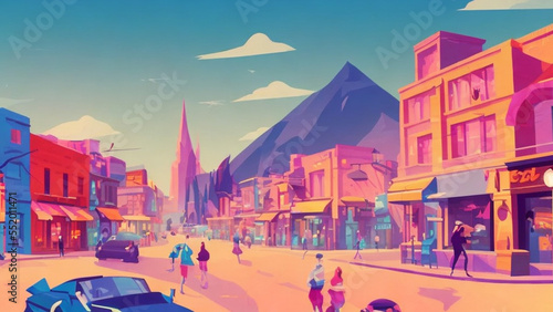 illustration style, Vibrant, bustling city street with shops, restaurants, and people © Haze