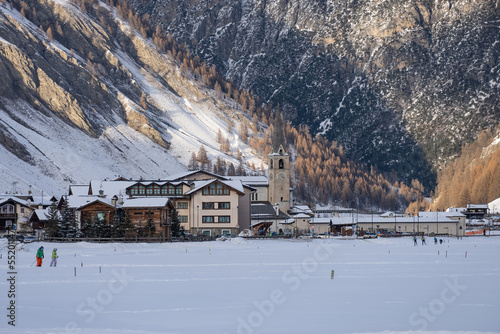 Town of Livigno in winter. Livigno landscapes in Lombardy, Italy, located in the Italian Alps, near the Swiss border.