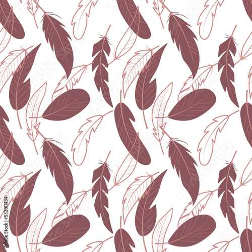 Vector pattern with pink feathers on a white background