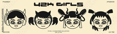 Future retro cartoon character in Y2K style. Cyber girls with stars for 90s design. Collection of vector funky  objects