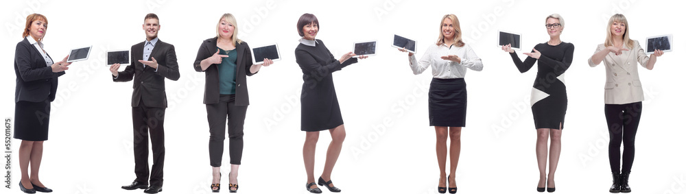 group of people demonstrating tablet isolated on white group of people demonstrating tablet isolated on white