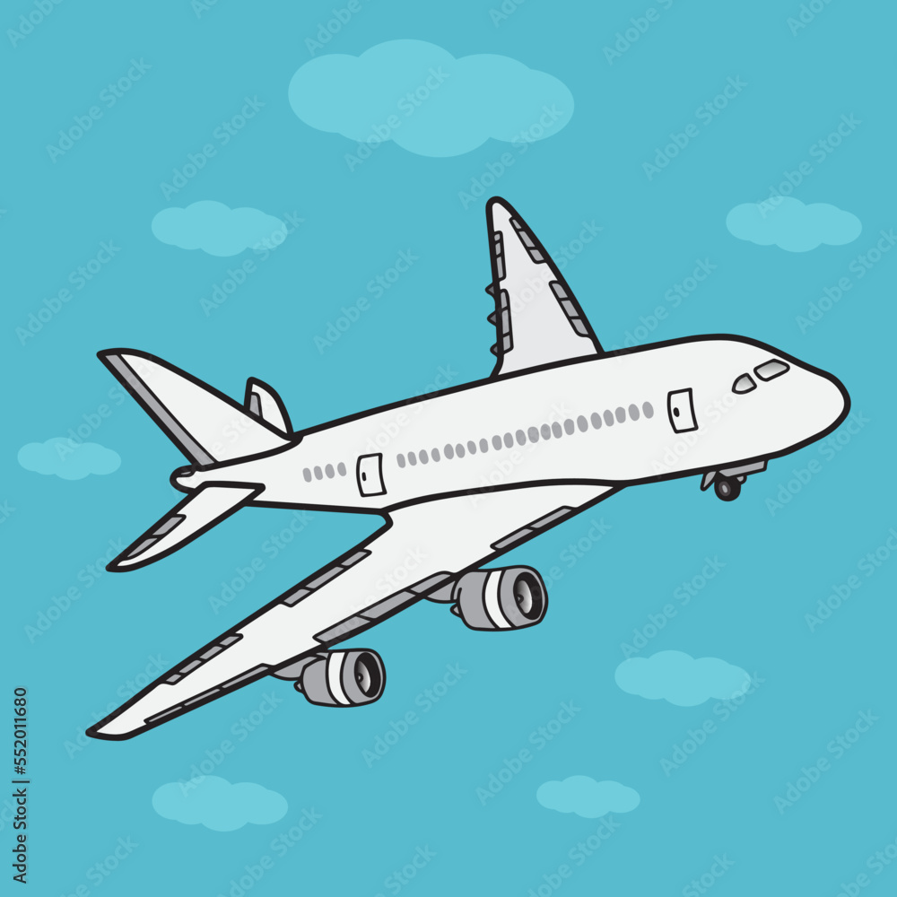 Airplane taking off in the blue sky with clouds background. Airplane in sky concept. colorful design. vector illustration