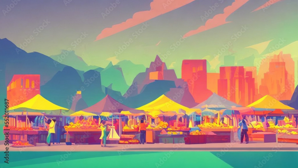 illustration style, Vibrant, bustling street market with colorful stalls and peopl