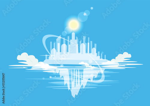Castle or city in the clouds against the backdrop of the blue sky and the bright sun. Fantastic fairy tale illustration