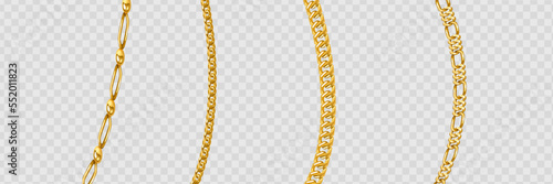 Set of realistic vector golden chains. Vector illustration of gold links isolated on white background