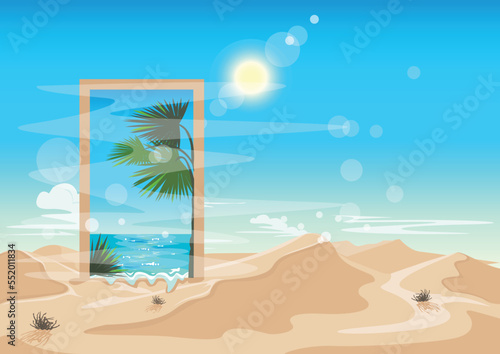 Fototapeta Naklejka Na Ścianę i Meble -  Mirage or portal in the hot desert with a passage through which you can see the sea and palm trees. Door or window to the seascape. Surreal vector illustration