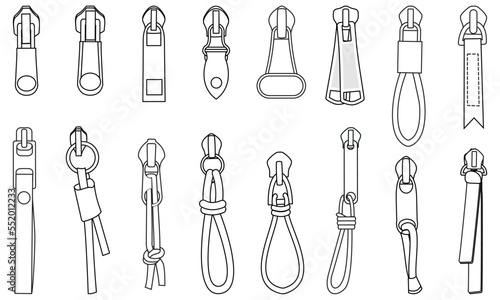 zipper pullers vector illustration zip heads, zipper sliders flat sketch photo