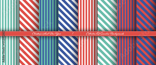 Christmas and New Year pattern. A set of seamless backgrounds for congratulations, decorations and creative ideas. Stripes of green, blue and red