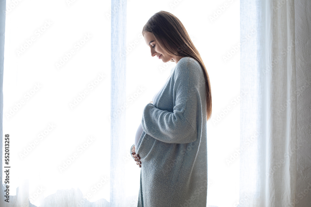 Long-haired pregnant woman standing near the window