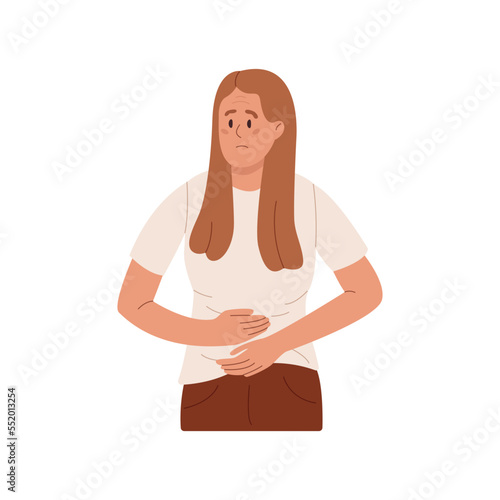 Sad young woman having stomach ache. Girl standing, holding hands on belly, bending from abdominal pain. Stomachache or painful menstrual cramps. Flat vector illustration isolated on white background