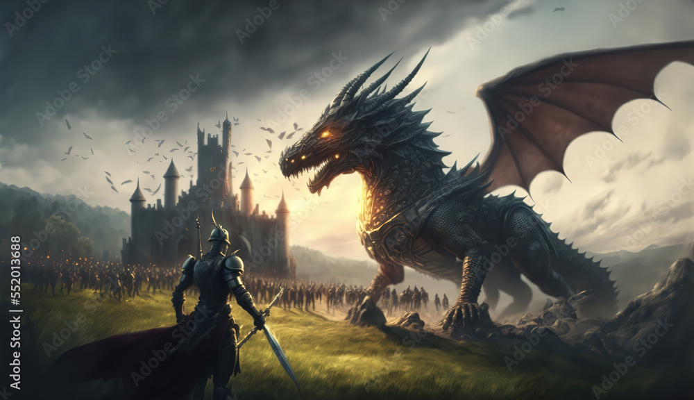 Generative AI : a large dragon breathing fire and a heroic medieval knight fighting it. The epic battle between good and evil	
 - obrazy, fototapety, plakaty 