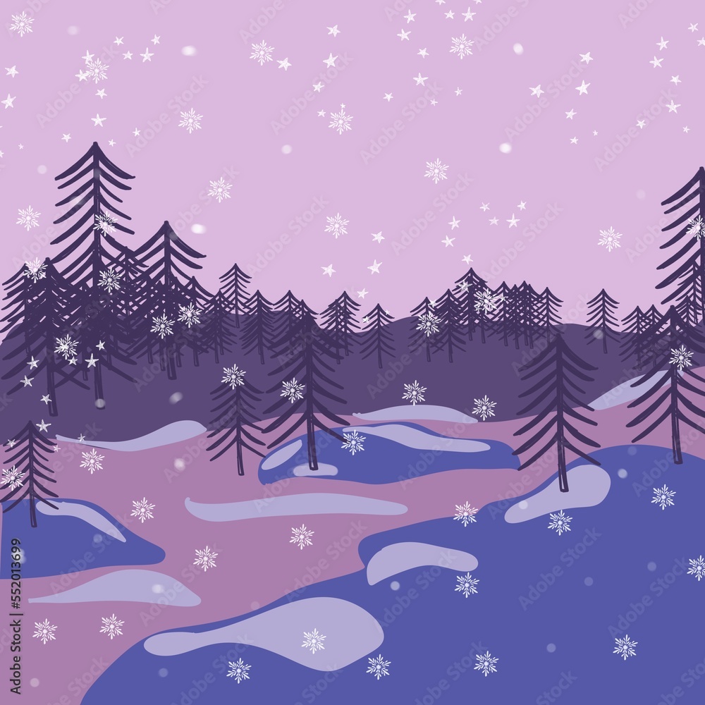 Fototapeta premium Night winter abstract Background. Snow, hills, trees. Flat Design Illustration, Template for poster and postcard
