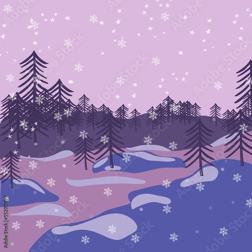 Night winter abstract Background. Snow  hills  trees. Flat Design Illustration  Template for poster and postcard