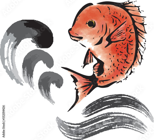 墨絵の鯛と波の和風イラスト