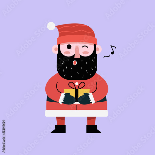 Santa Claus wink eye singing hohoho merry christmas holding present pose. illustration vector.