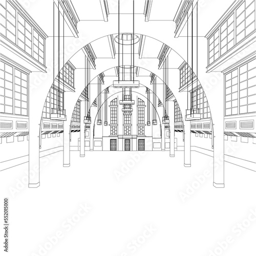The contour of the premises of a large luxury building with decorative elements from black lines isolated on a white background. 3D. Vector illustration.
